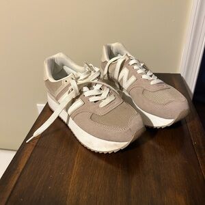 New Balance Taupe and White Sneakers